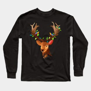 Deer T-Shirt - Deer Face Polygon With Birds Design Long Sleeve T-Shirt